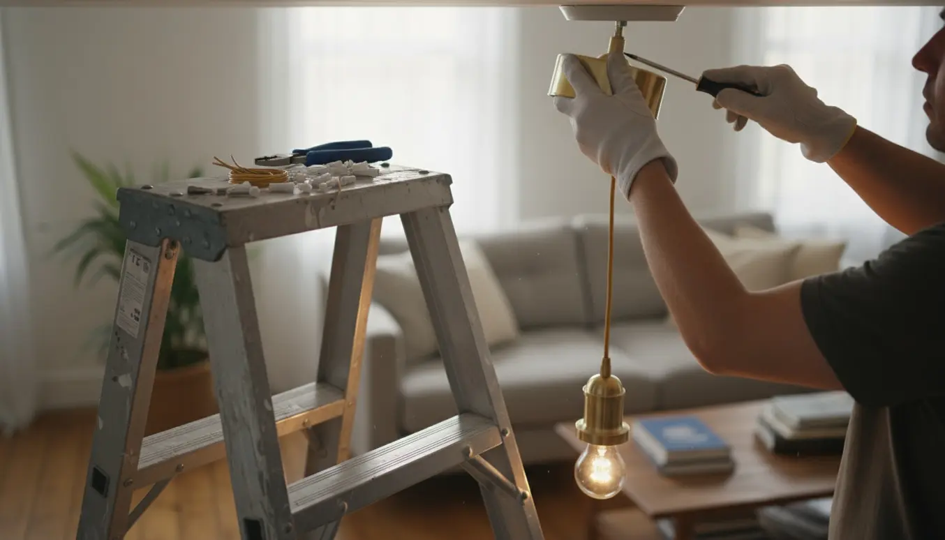 Person hænger en loftlampe fra en stige i et lyst og ryddeligt rum.