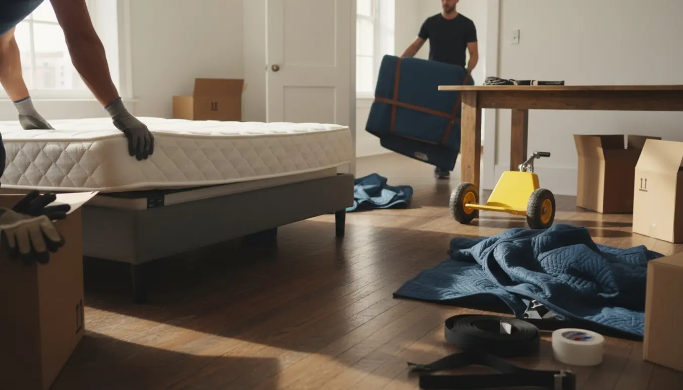 To personer løfter en seng og bærer et bord i en lys lejlighed omgivet af stabler af kasser og flytteudstyr.