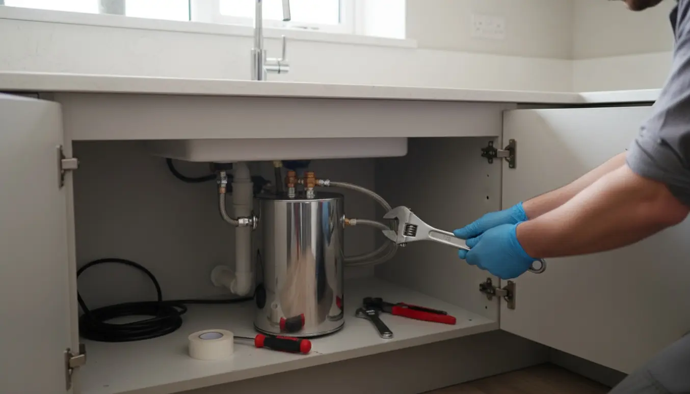 Hænder tilslutter en kompakt kogende-vandsbeholder under en køkkenvask med værktøj ved siden af.