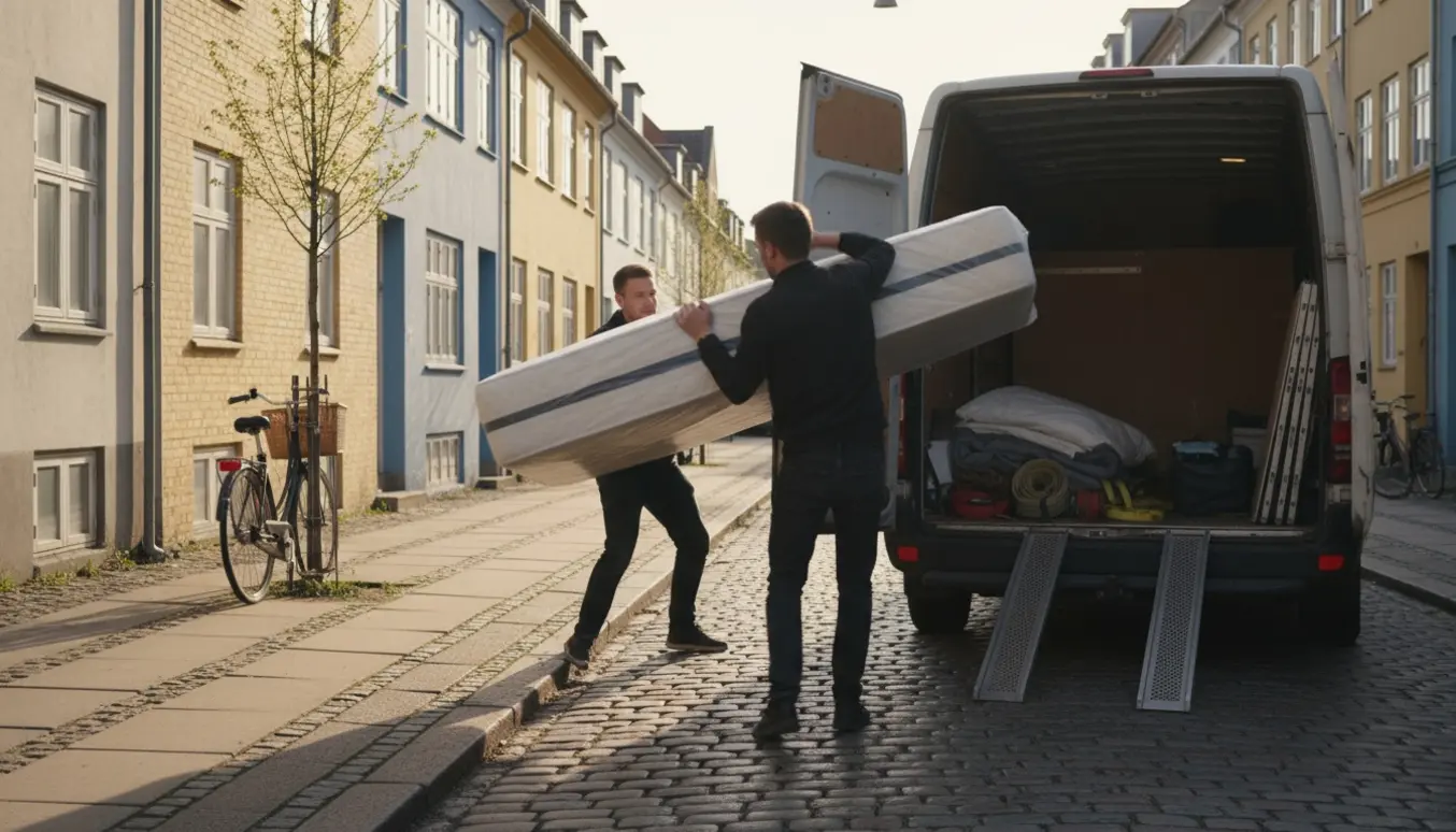 Varevogn ved kantsten med en stor madras pakket i plast klar til afhentning på en Vesterbro-gade.