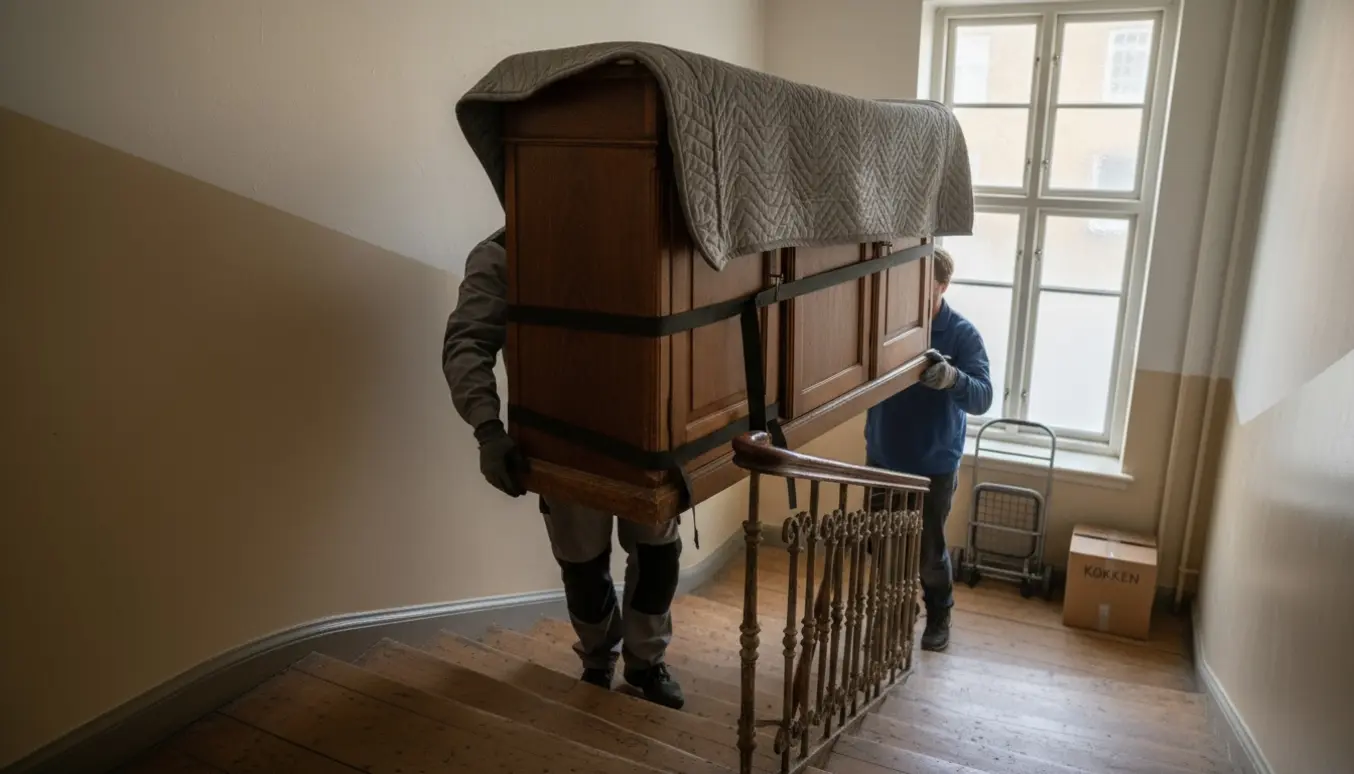 To personer bærer hvert deres halvdel af et skab op ad en smal trappe i en ældre Nørrebro-opgang.