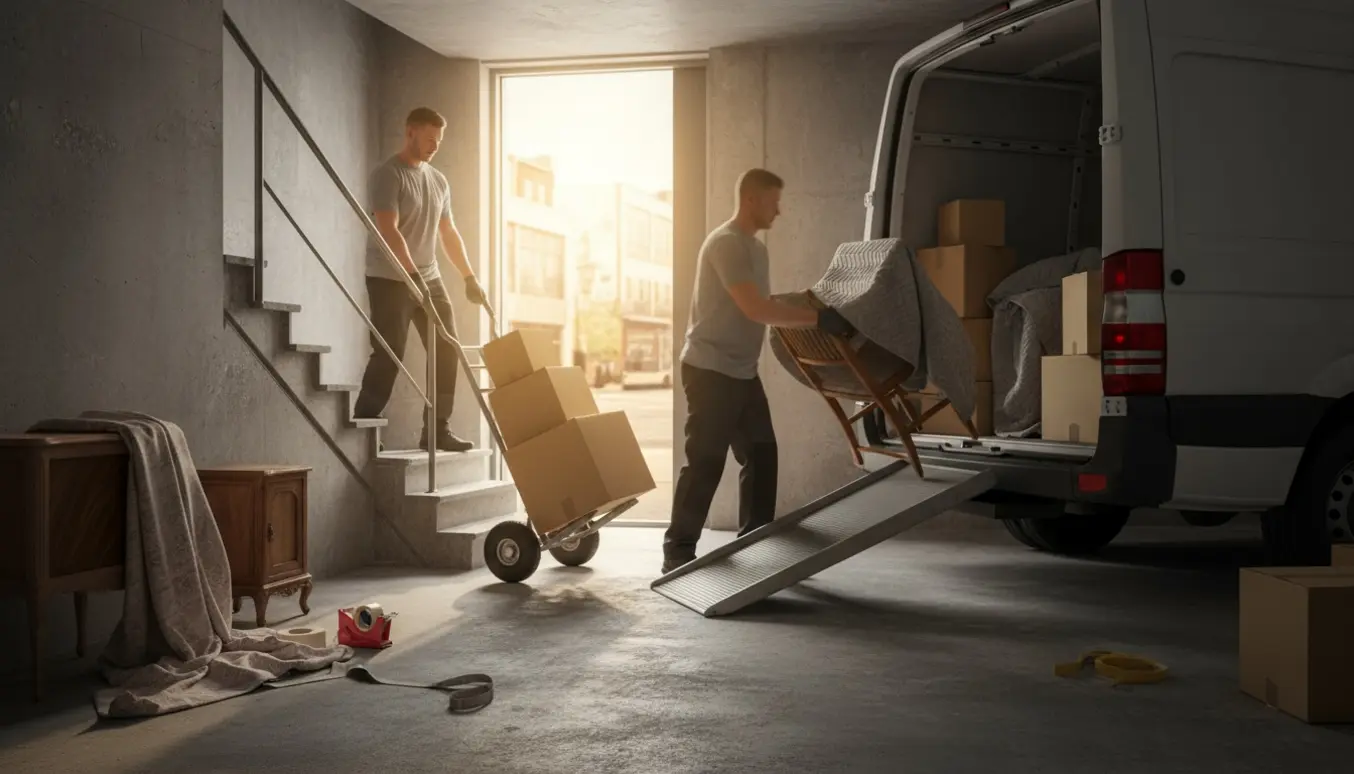 Kasser og møbler bæres fra et kælderrum og læsses ind i en åben varevogn, personer set bagfra.