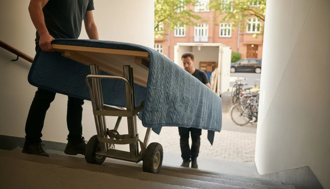 Ejeren hjælper med at bære en adskilt 1x2 m bordplade og stålunderstel ned ad trappen mod en varevogn.