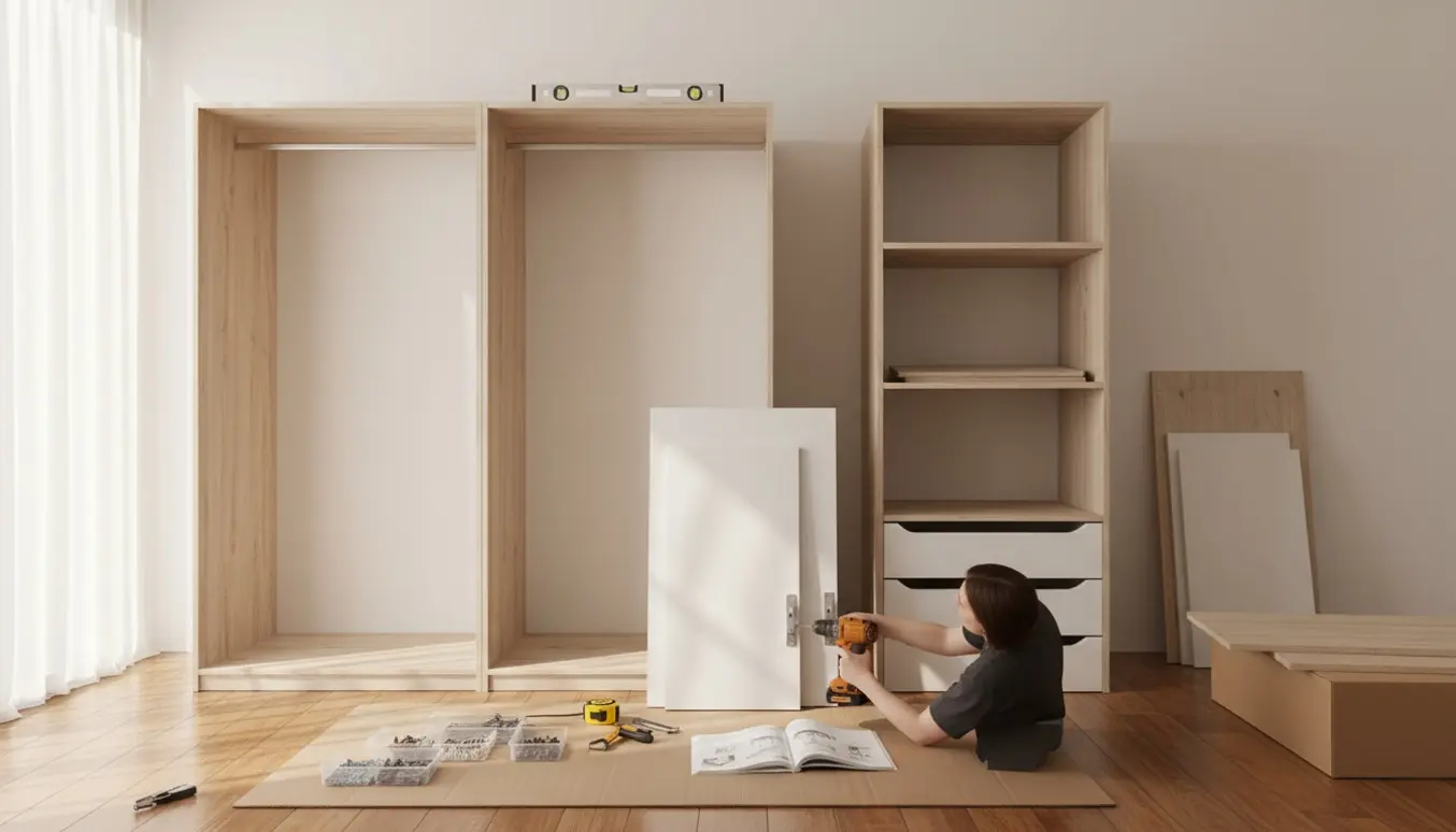 Delvist samlede modulære garderobeskabe i et lyst soveværelse med værktøj og samlingsdele på gulvet.