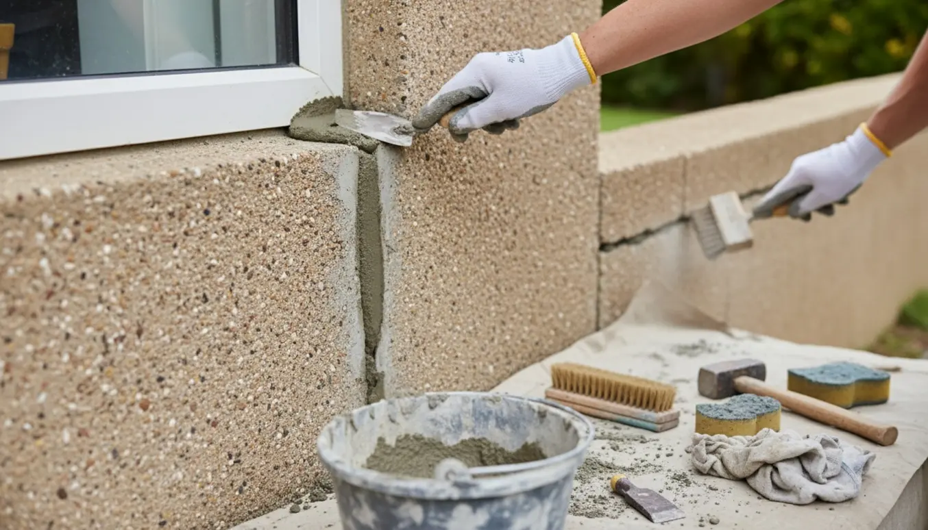 Nærbillede af handskerede hænder, der fylder en lodret revne i husets sokkel under et vindue, med en anden revne på murens sokkel i baggrunden.