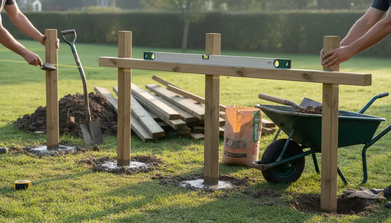 Nyopsatte træpæle i haven støbt i beton, klar til montering af hegn.