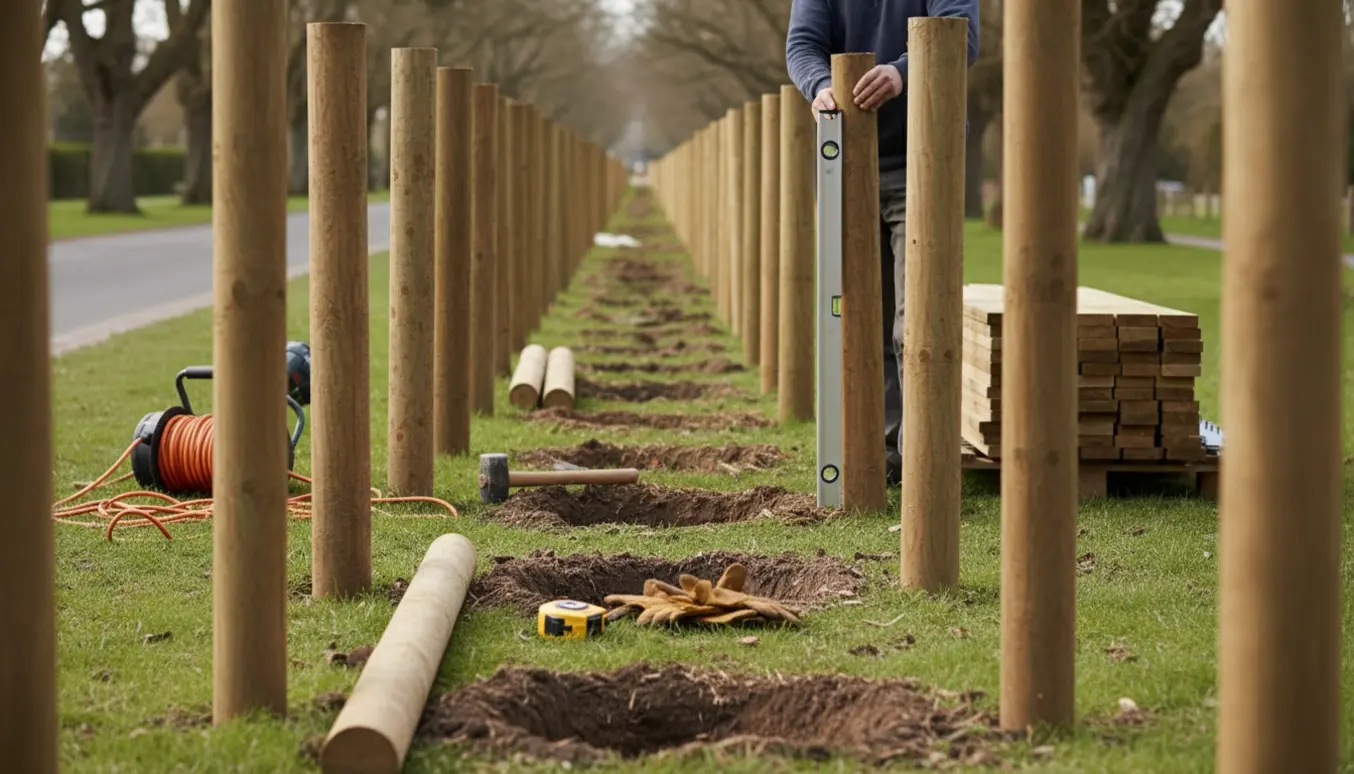 Træstolper sættes i jorden til et hegn langs en træbevokset vej med værktøj og en elektrisk stolpebor ved siden af.