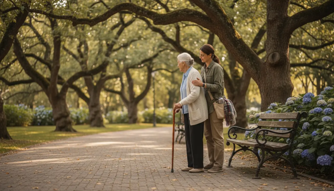 En hjælper går roligt ved siden af en ældre kvinde med stok på en solrig parksti.