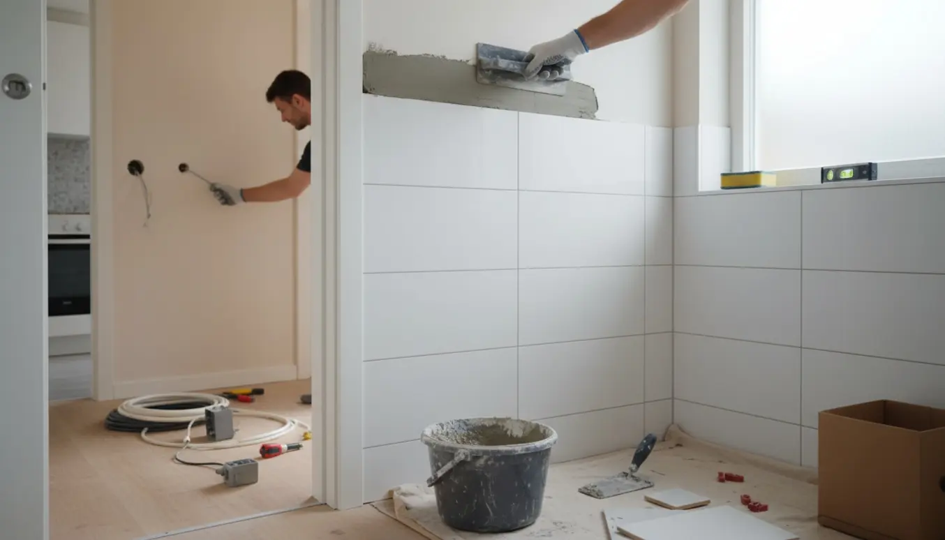 Hænder fugebearbejder de sidste fliser i et badeværelse under renovering, med et lille hul i køkkenvæggen og en blottet ledning synlig gennem døren.