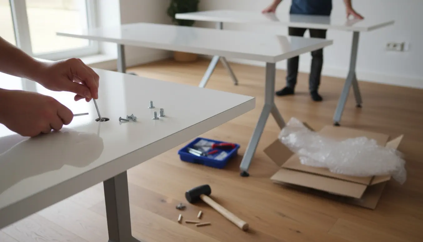 To hvide skriveborde delvist samlet i et lyst rum med værktøj og hænder i arbejde.