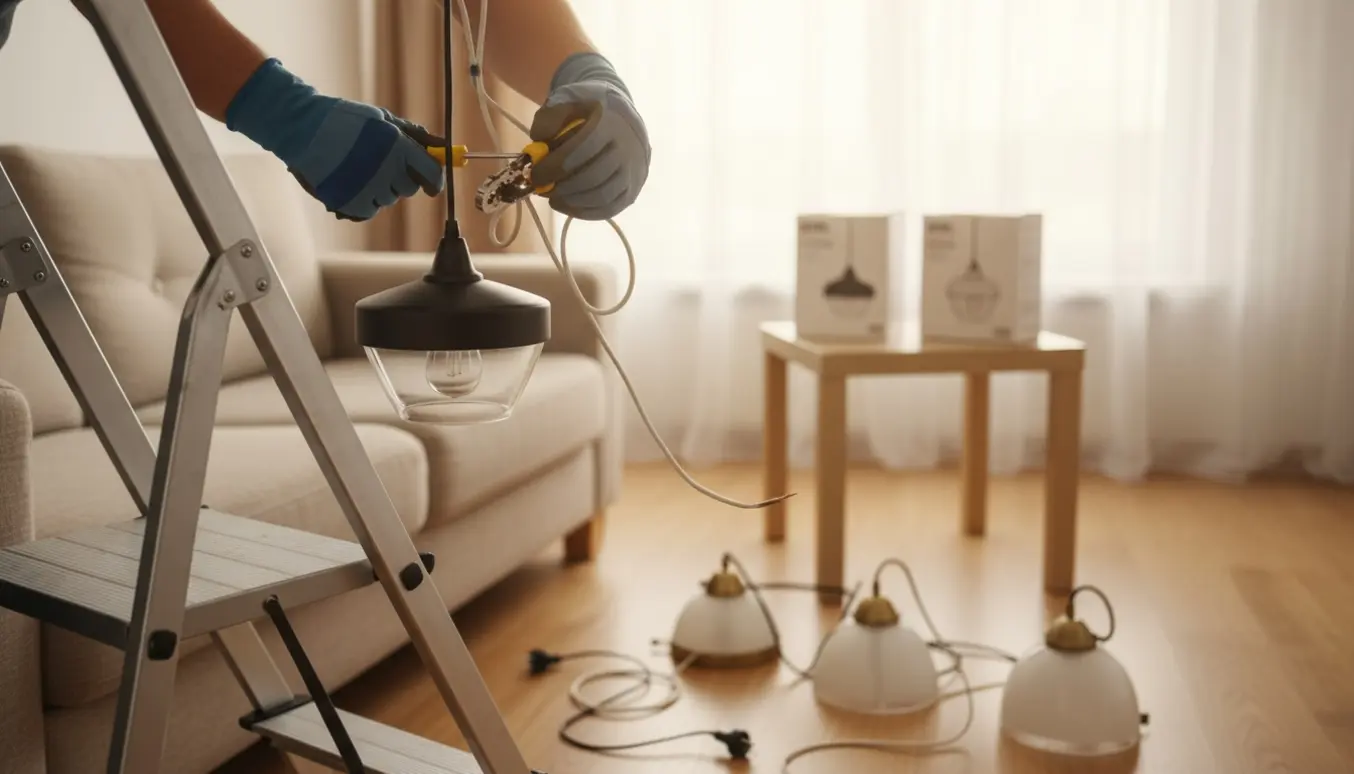 Hænder monterer en loftlampe fra en stige, mens tre afmonterede lamper ligger med frakoblede kabler i baggrunden.