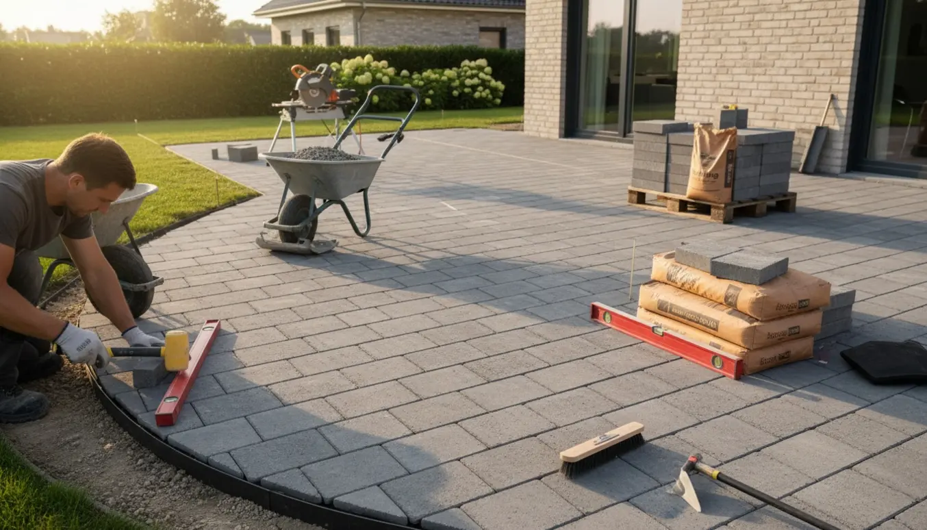 Ny fliseterrasse under anlæg ved hus med 60×30 cm fliser, sandbund og værktøj.