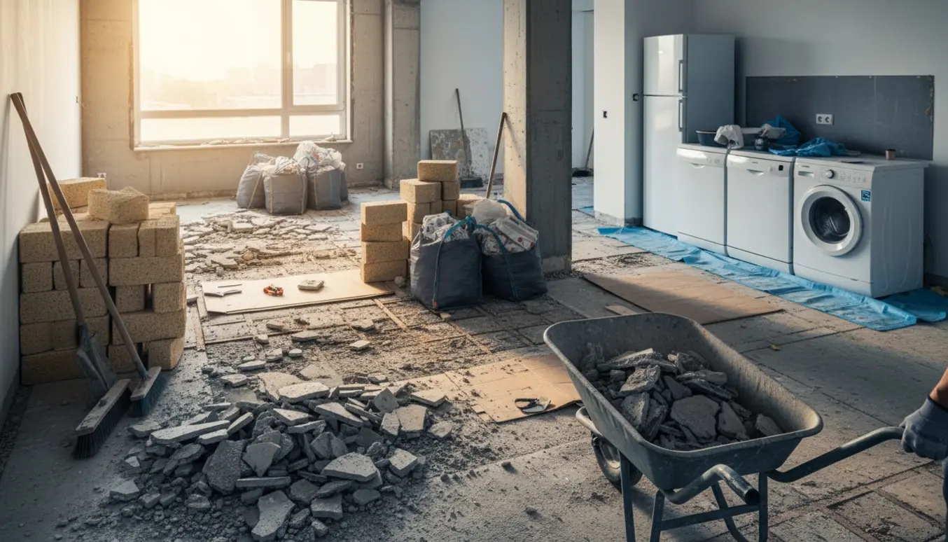 Indendørs renoveringsoprydning med brækket gulv, bunker af Leca, poser med gulv og tapet samt flyttede hvidevarer.