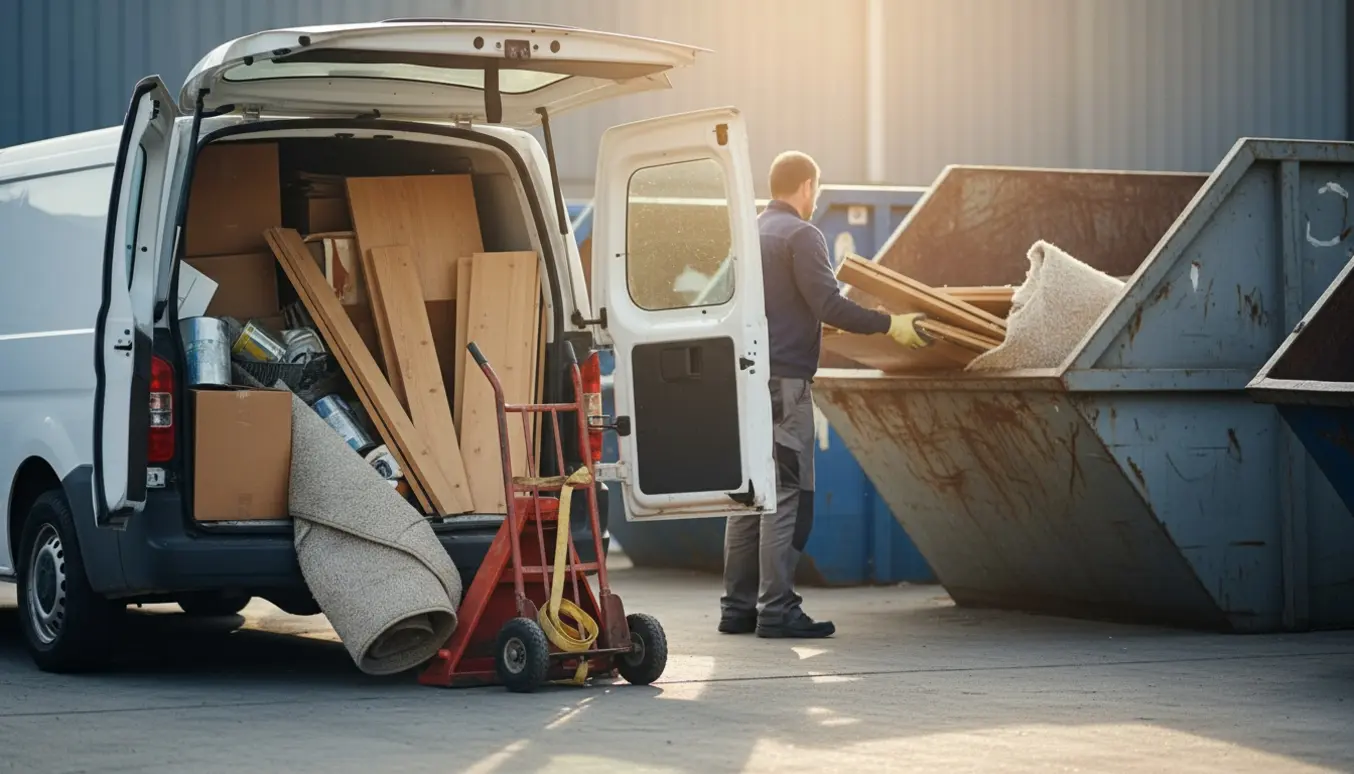 En person læsser byggeskrald fra en varevogn ved en genbrugsplads med store containere i baggrunden.