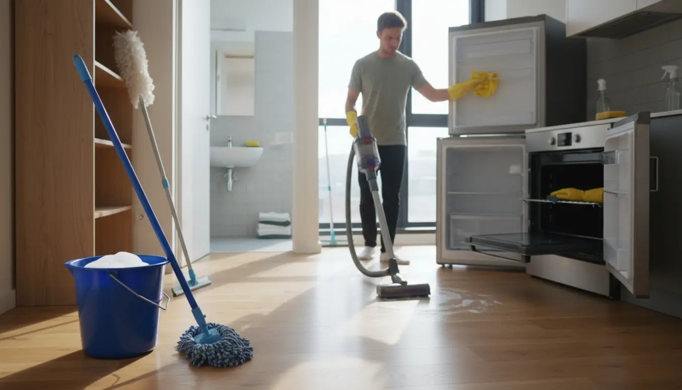 Månedsrengøring i en solbeskinnet lejlighed med støvsugning, gulvvask, aftørring af støv og rengøring af køleskab.