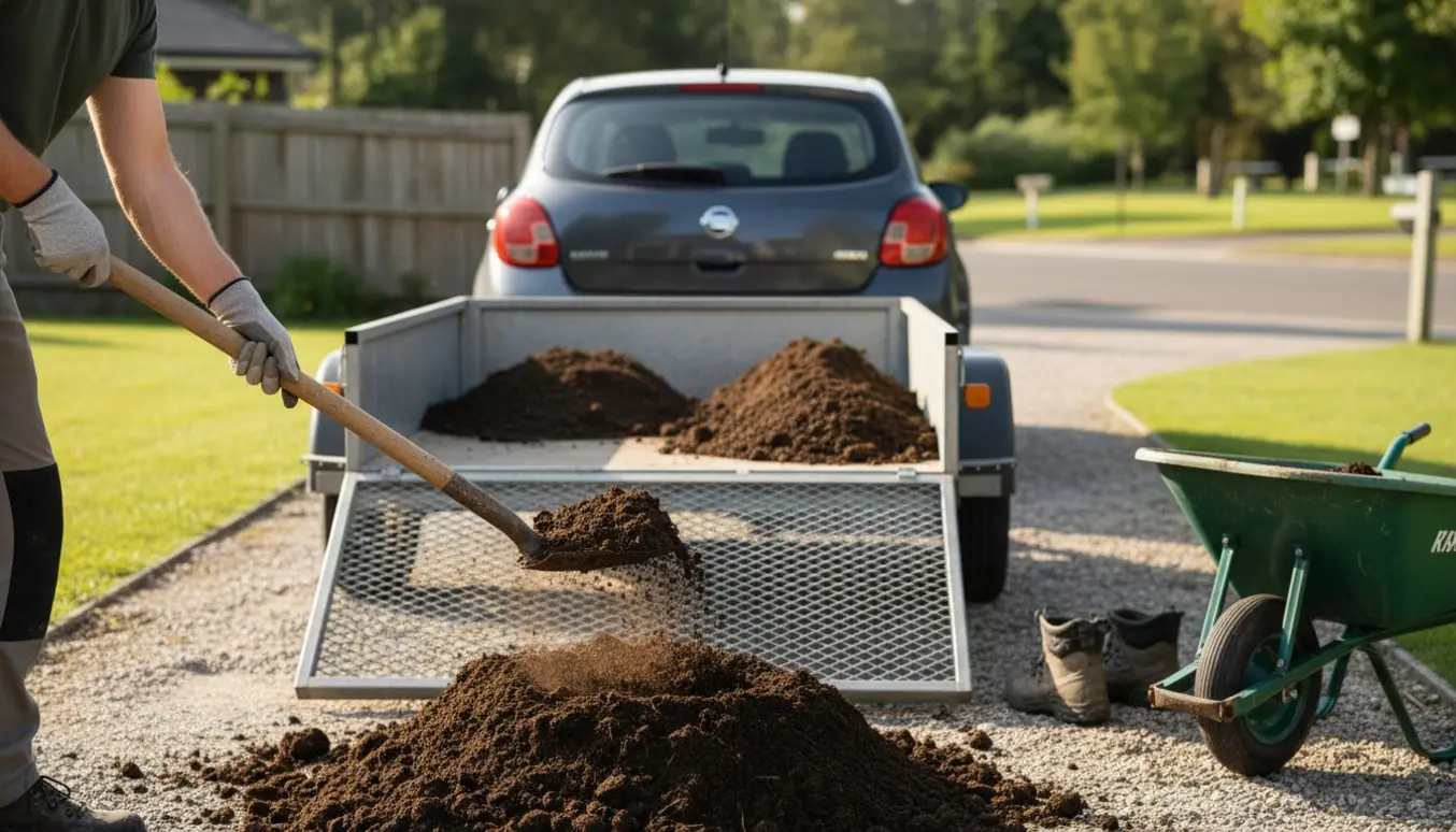 En person skovler jord fra en bunke over i en åben trailer koblet til en bil på en indkørsel.