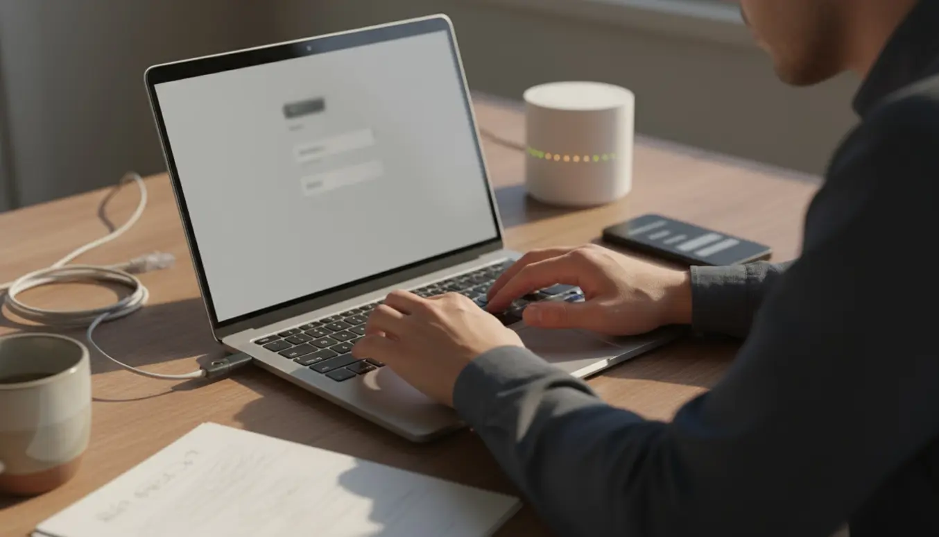 En person forsøger at logge ind på e-mail på en laptop ved et hjemmekontor, med telefon og sikkerhedsnøgle på skrivebordet.