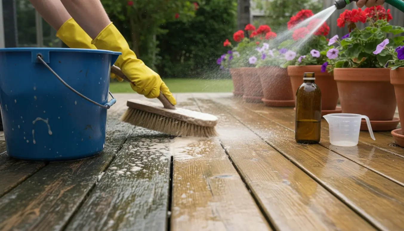 Hænder i gummihandsker skrubber en træterrasse med brun sæbe, mens haveslange og algefjerner står klar.