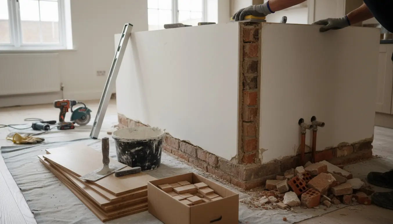 Delvis fjernet halvmur mellem stue og køkken med frisk pudset kant, stak trægulvsplanker og værktøj klar til lægning.