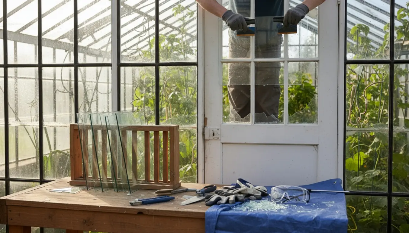 Hænder i handsker monterer en ny glaspanel i drivhusdør efter storm.