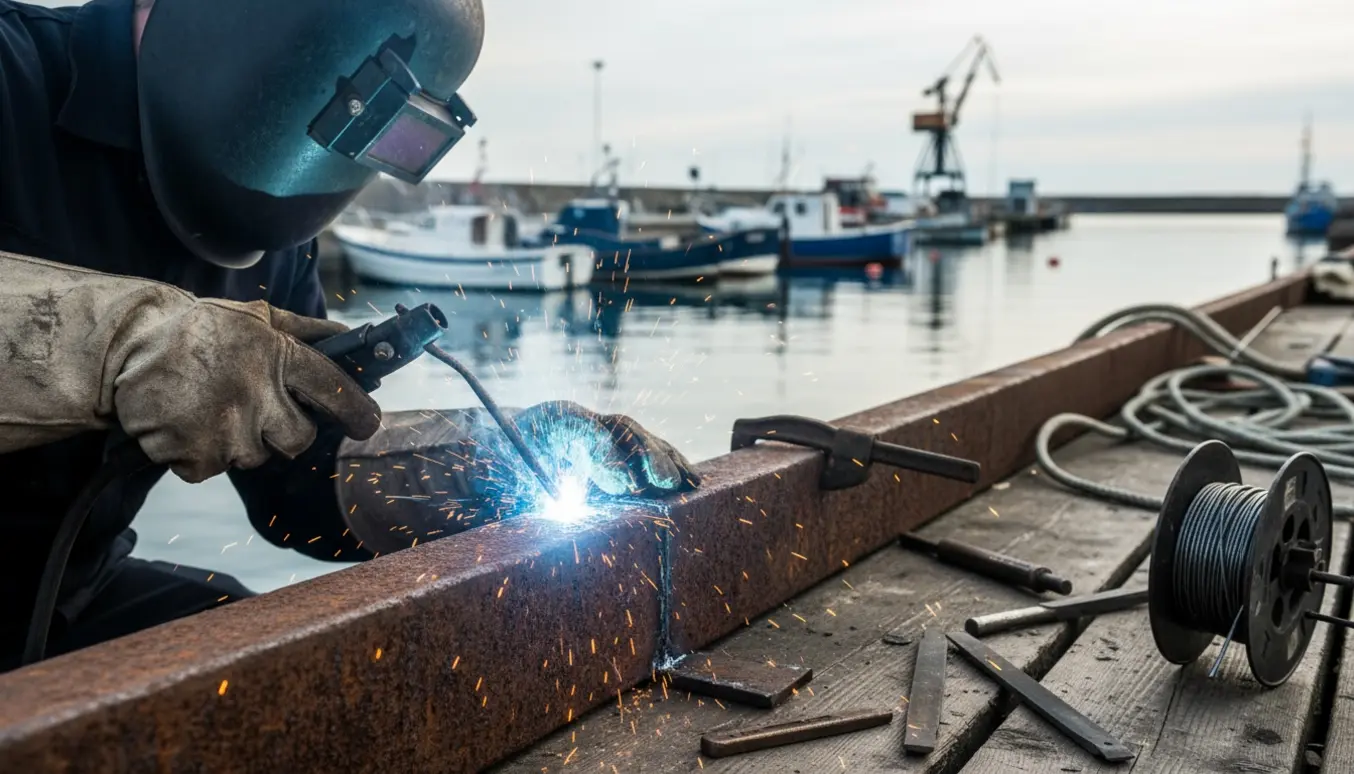Svejser forstærker et rustent støbejernsbådstativ på en havnekaj med både i baggrunden.