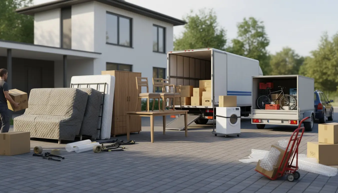 Flyttebil og trailer i indkørslen med møbler, flyttekasser, cykel og havemøbler klar til indlæsning.