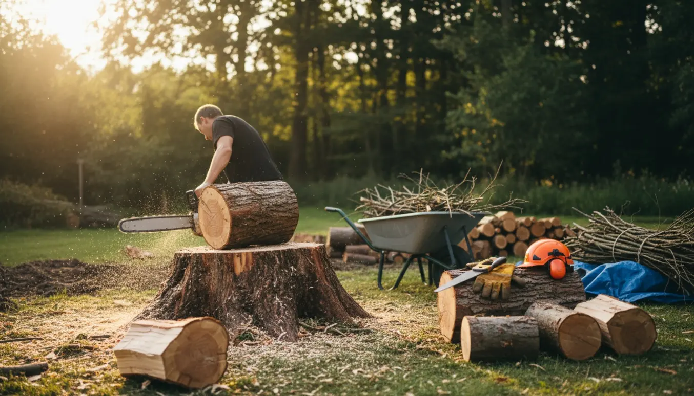 Person saver og rydder træstammer og grene ved en stak kløvet brænde og en trillebør i et solbeskinnet udeområde.
