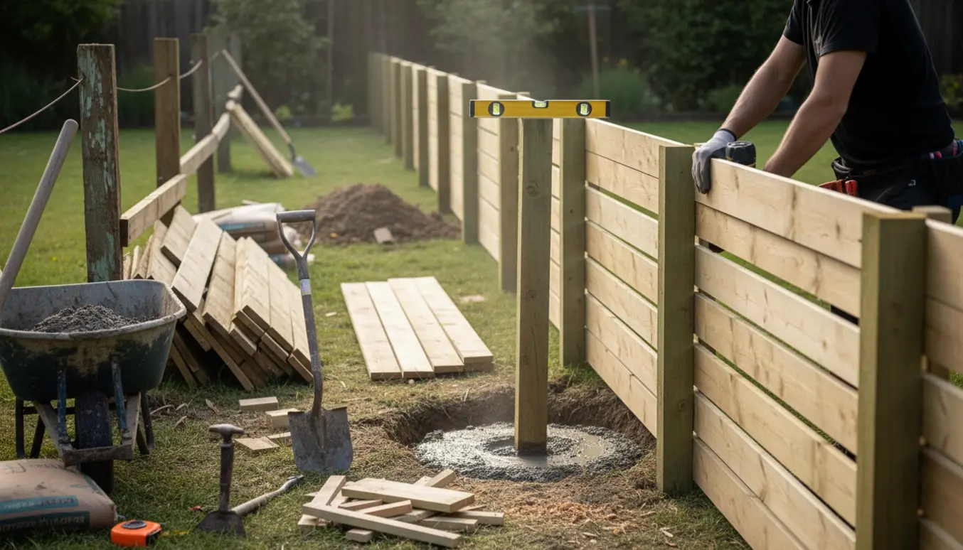 Nyt træhegn sættes op i en have med stolper i huller, tørbeton og brædder klar, hænder arbejder uden synlige ansigter.