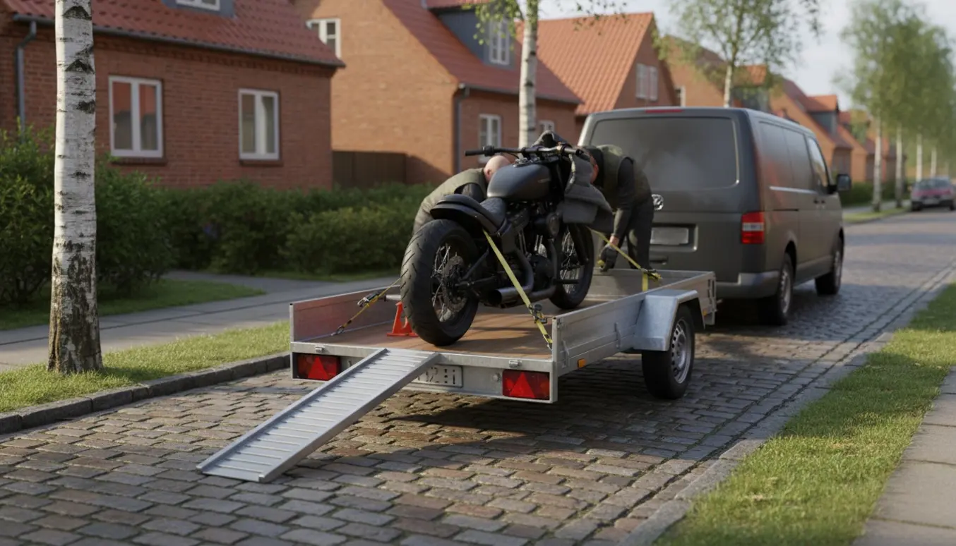 En motorcykel spændes forsvarligt fast på en trailer ved en rolig, solrig lørdag formiddag i en dansk forstad.