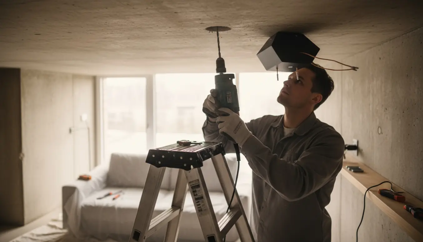 Person monterer en loftlampe i et betonloft med borehammer, stige og elektriske værktøjer.