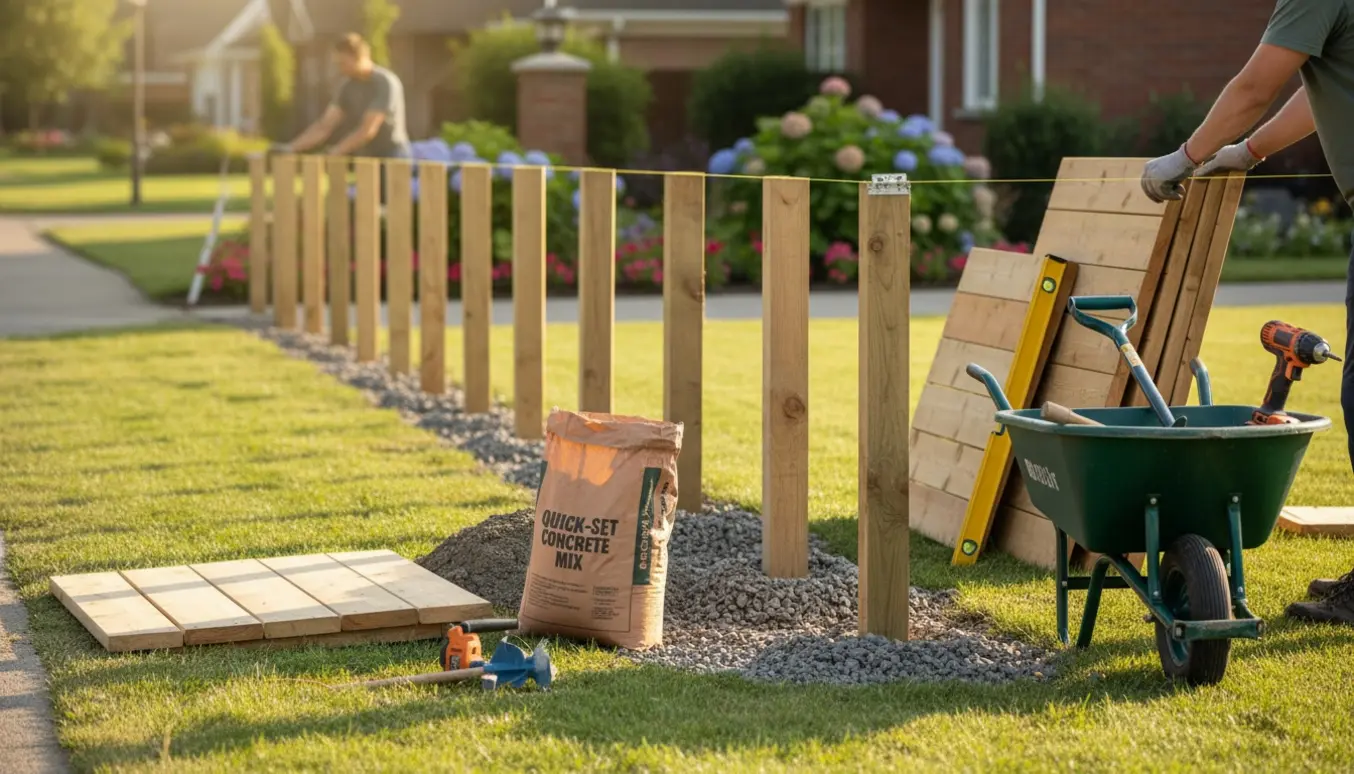 Halvfærdigt træhegn i forhaven ved vejen med stolper, paneler og værktøj klar til opsætning.
