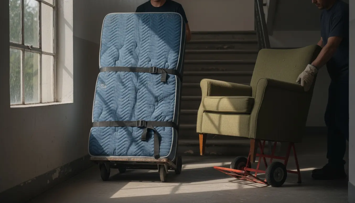 En seng og en lænestol transporteres på en rullevogn ned ad en kollegietrappe, ansigter ikke synlige.