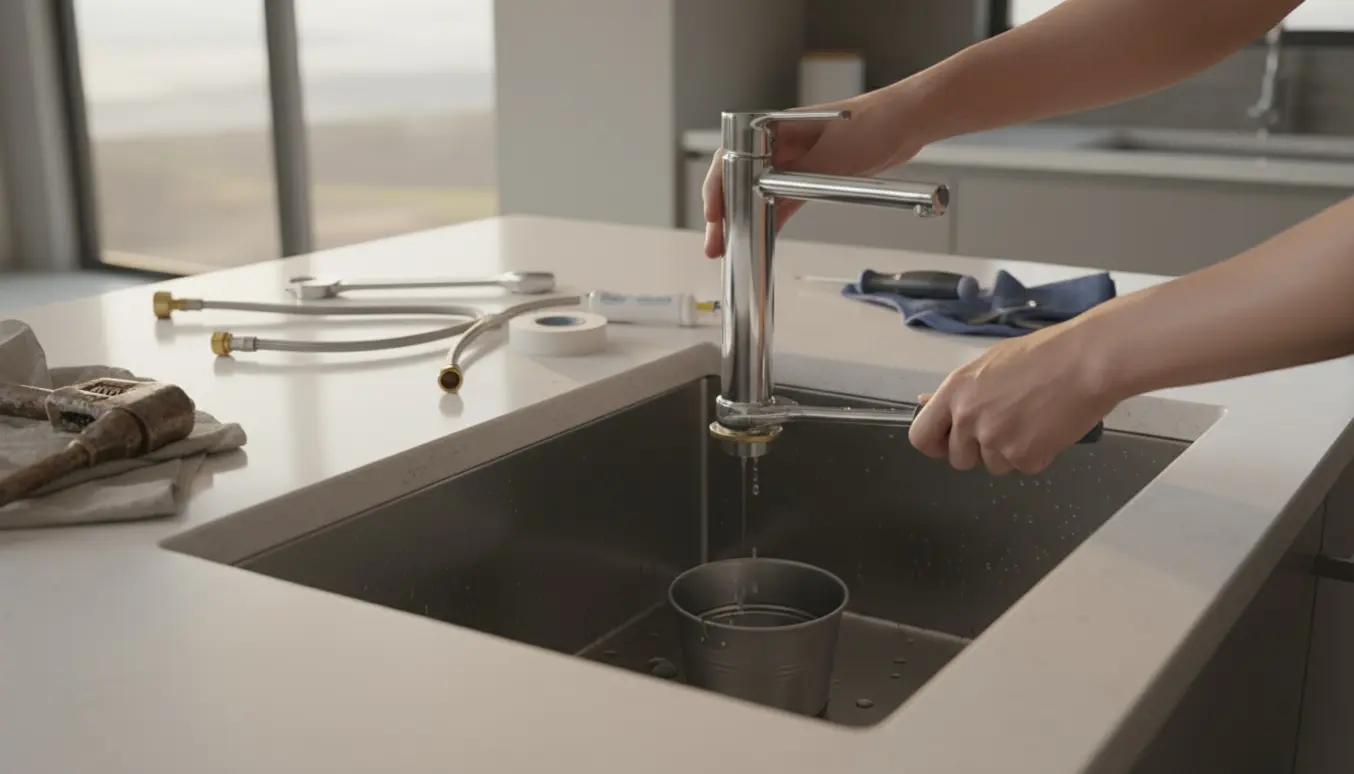Hænder monterer en ny krom køkkenvandhane over en rustfri stålvask med værktøj på bordet.