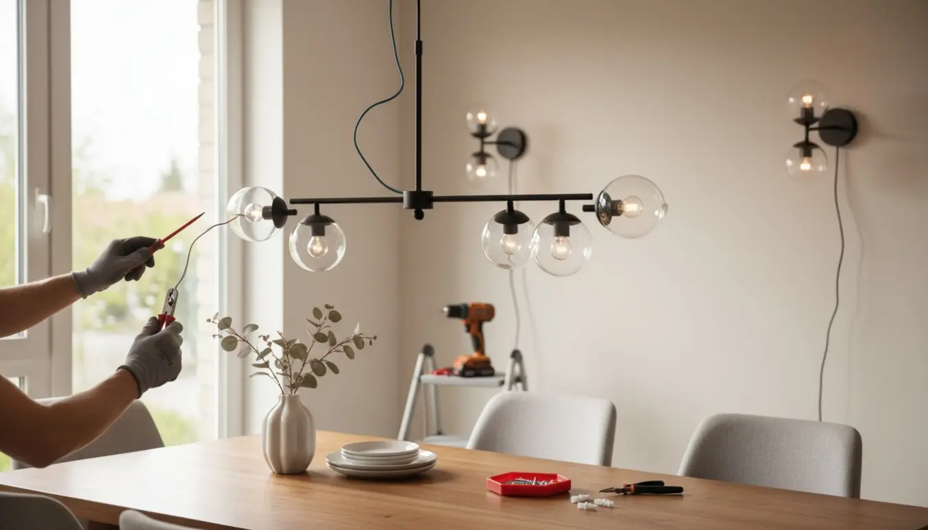 Handskerklædte hænder monterer en loftslampe over et spisebord med to væglamper og værktøj i baggrunden.