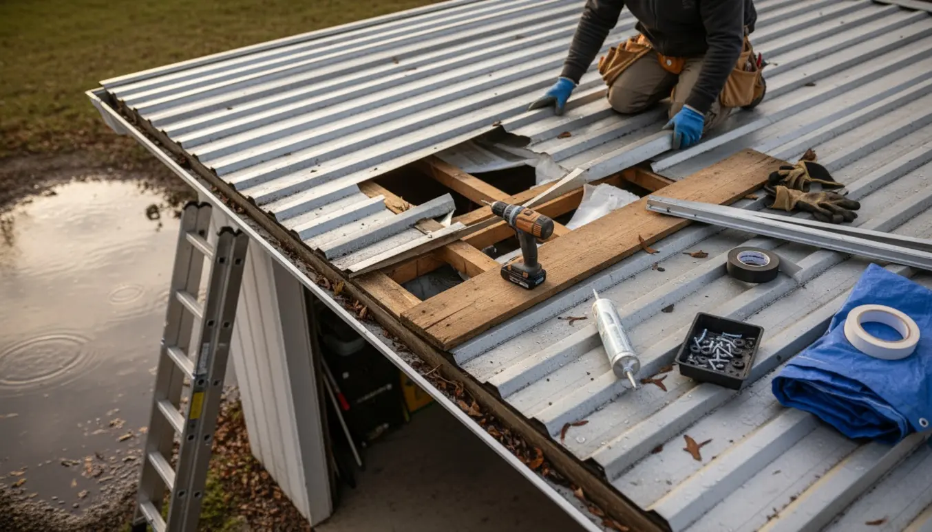 Hænder med handsker sætter en bølget tagplade på plads for at dække et hul på garagetaget efter stormen.