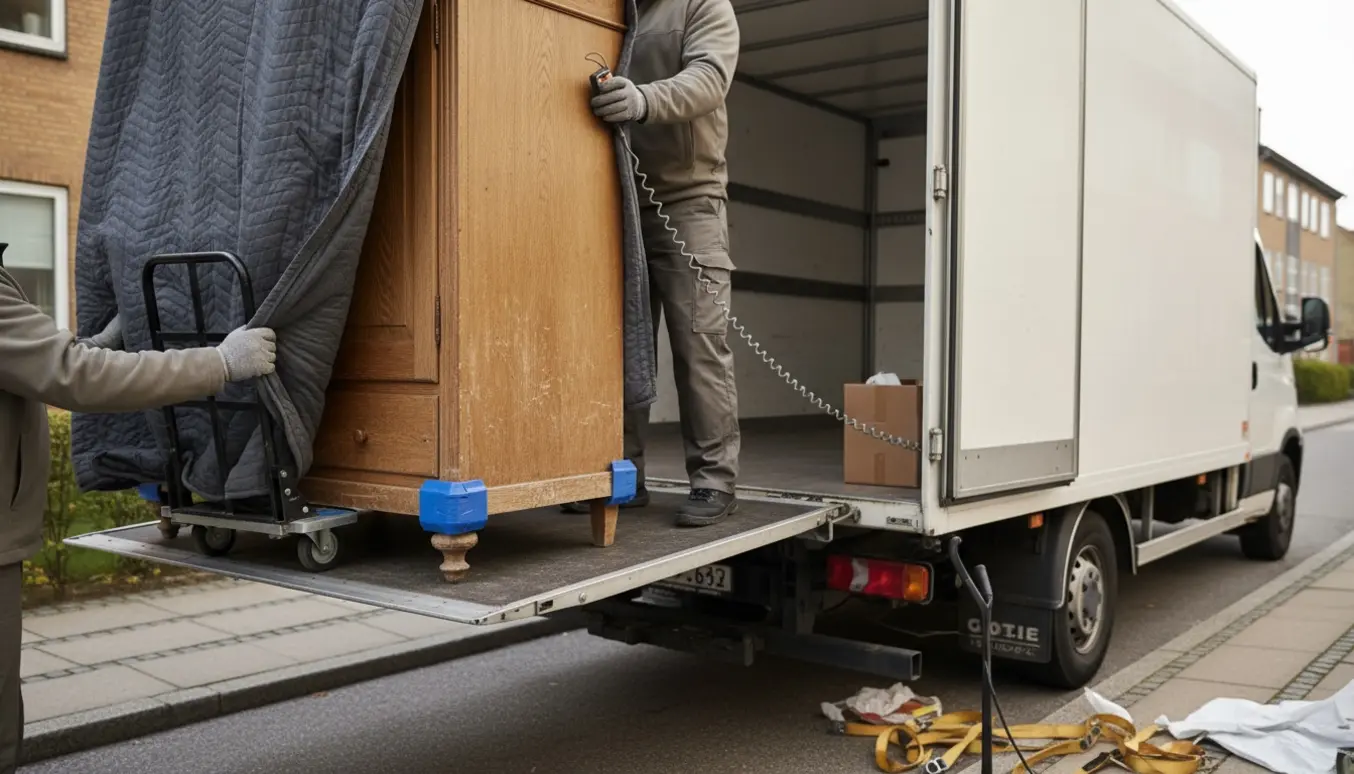 Et tungt skab indpakket i flyttetæpper løftes op på en varevogn med vippelad foran en lejlighedsopgang.