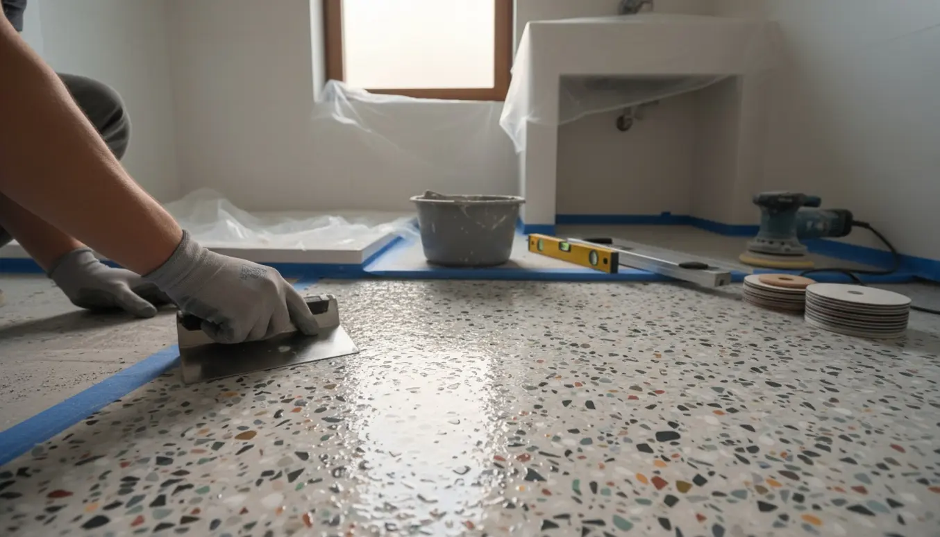 Håndværker glatter nyligt støbt terazzogulv i et lille badeværelse med synlige marmorchips.