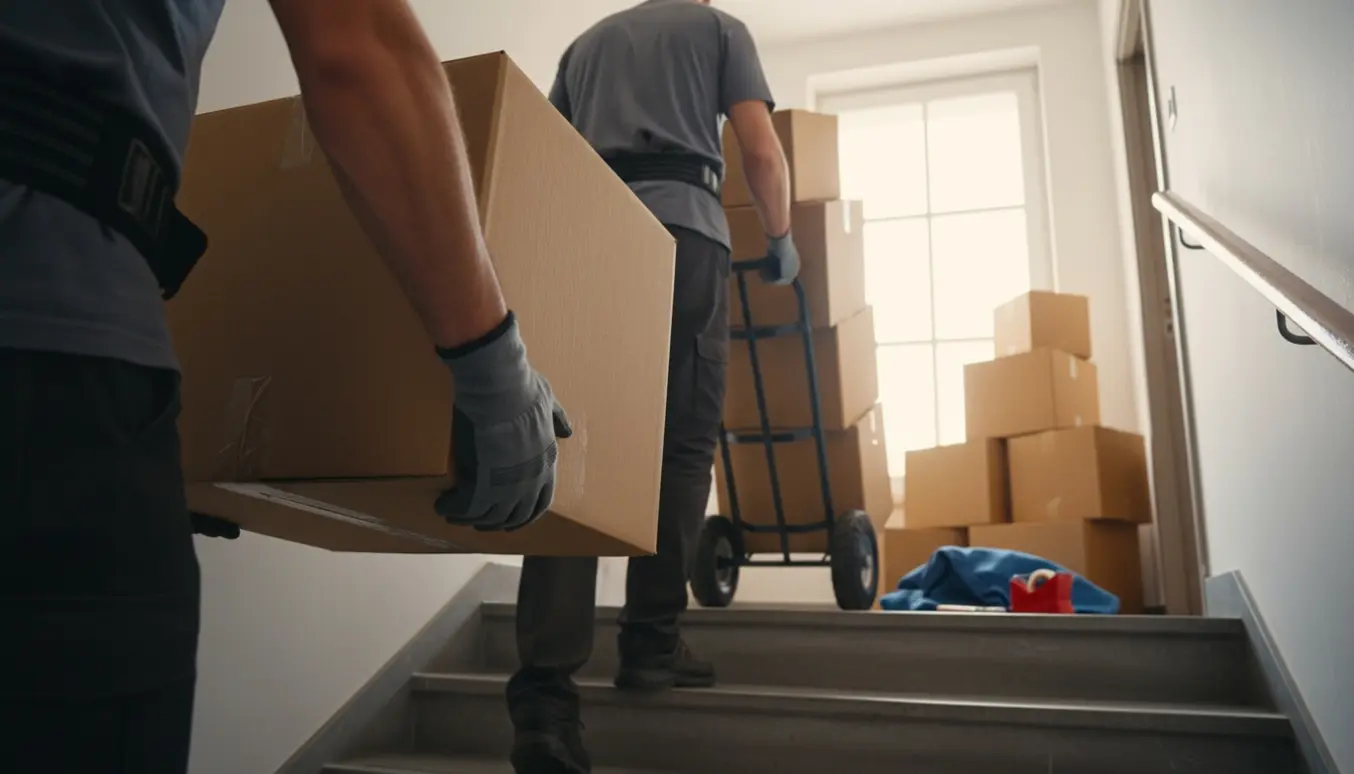 To personer bærer og stabler en stor stak papkasser op ad en opgangstrappe med en sækkevogn på reposen.