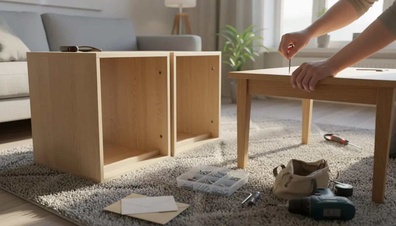 Nærbillede af hænder, der samler et sofabord og et vinskab med værktøj på et lyst, skandinavisk stuegulv.