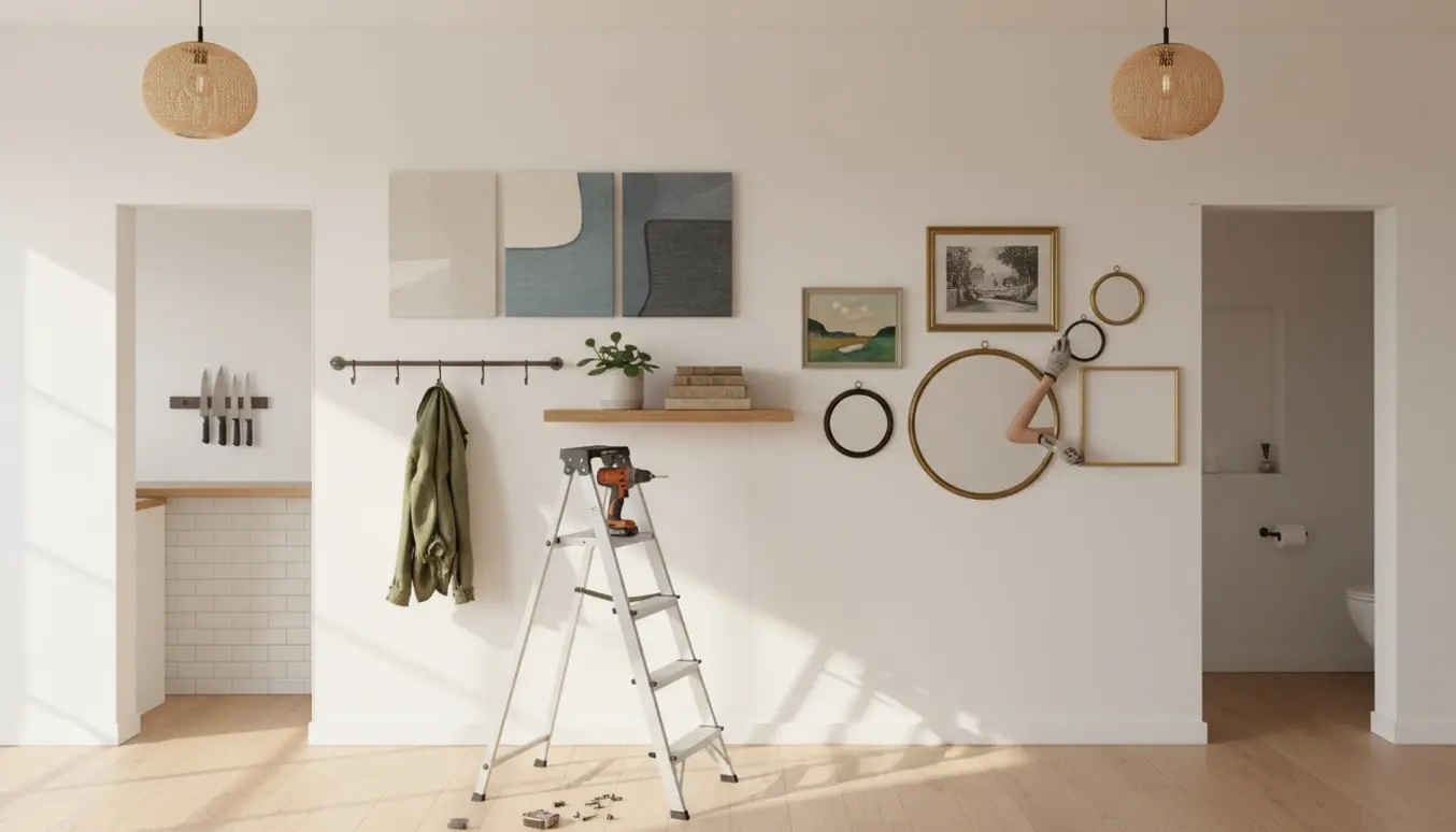 Væg i lejlighed med akustikplader, hylde, knager, rammer og værktøj til ophæng.