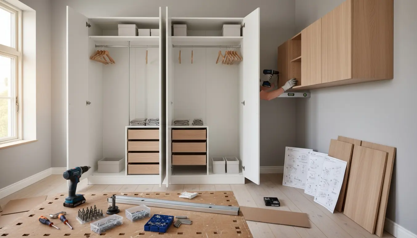 To sammensatte Pax-garderober og fire HTH overskabe i et lyst rum med værktøj og hænder, der monterer uden tydelige ansigter.