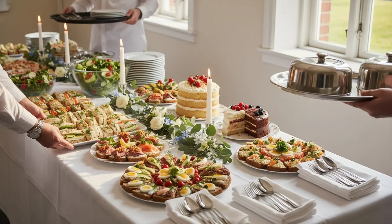 Tjenere anretter og serverer cateringmad på et hvidt pyntet buffetbord til konfirmation.
