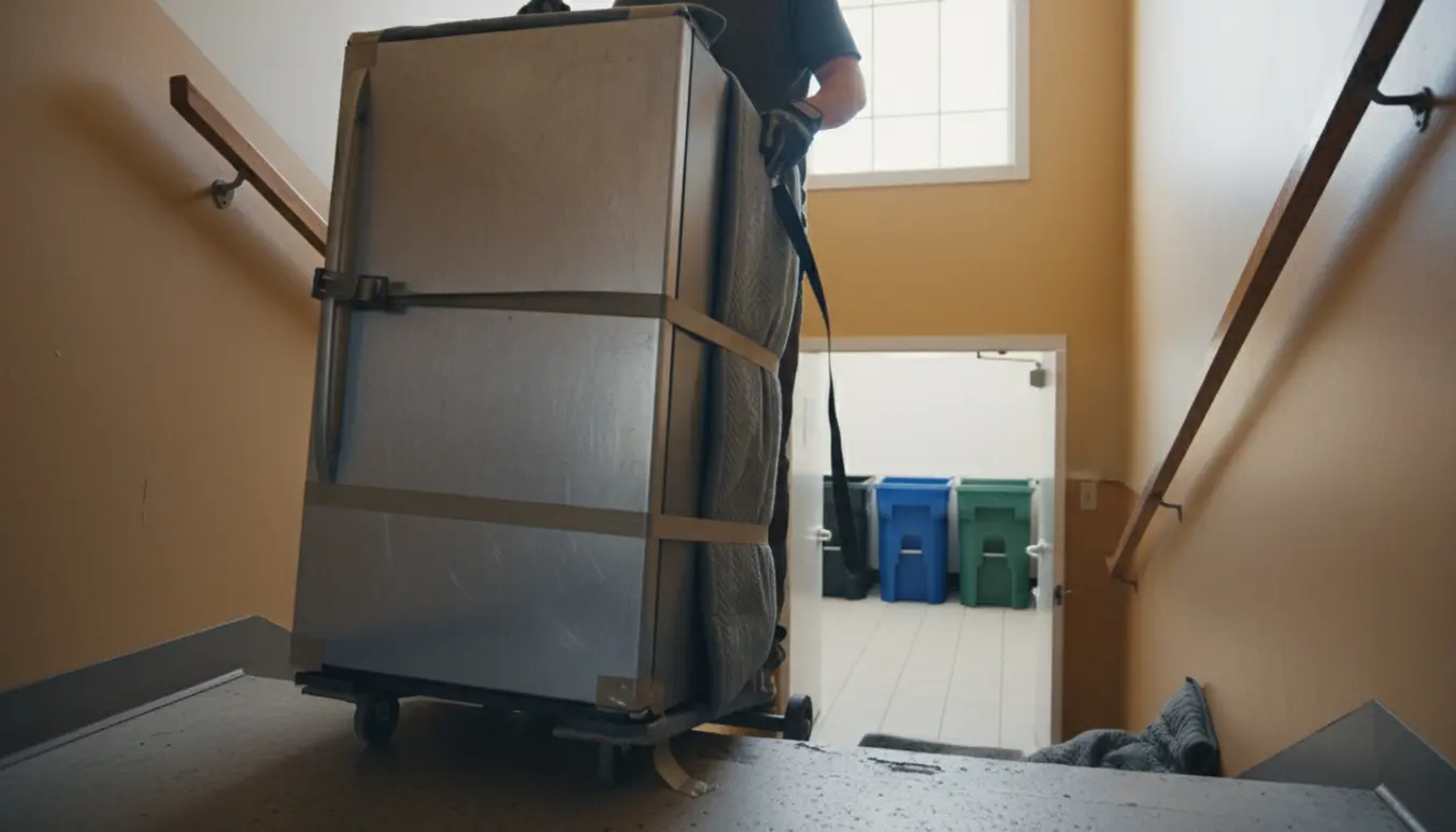 To personer bærer et stort køle-fryseskab ned ad en opgang mod et skralderum.