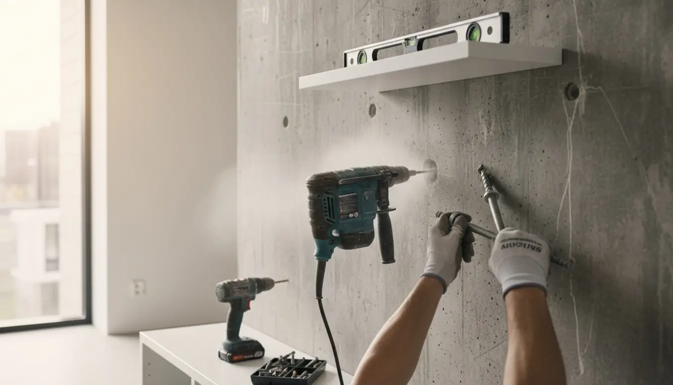 Montana reol monteres på hård betonvæg med slagboremaskine, ankre og skruer i forgrunden.