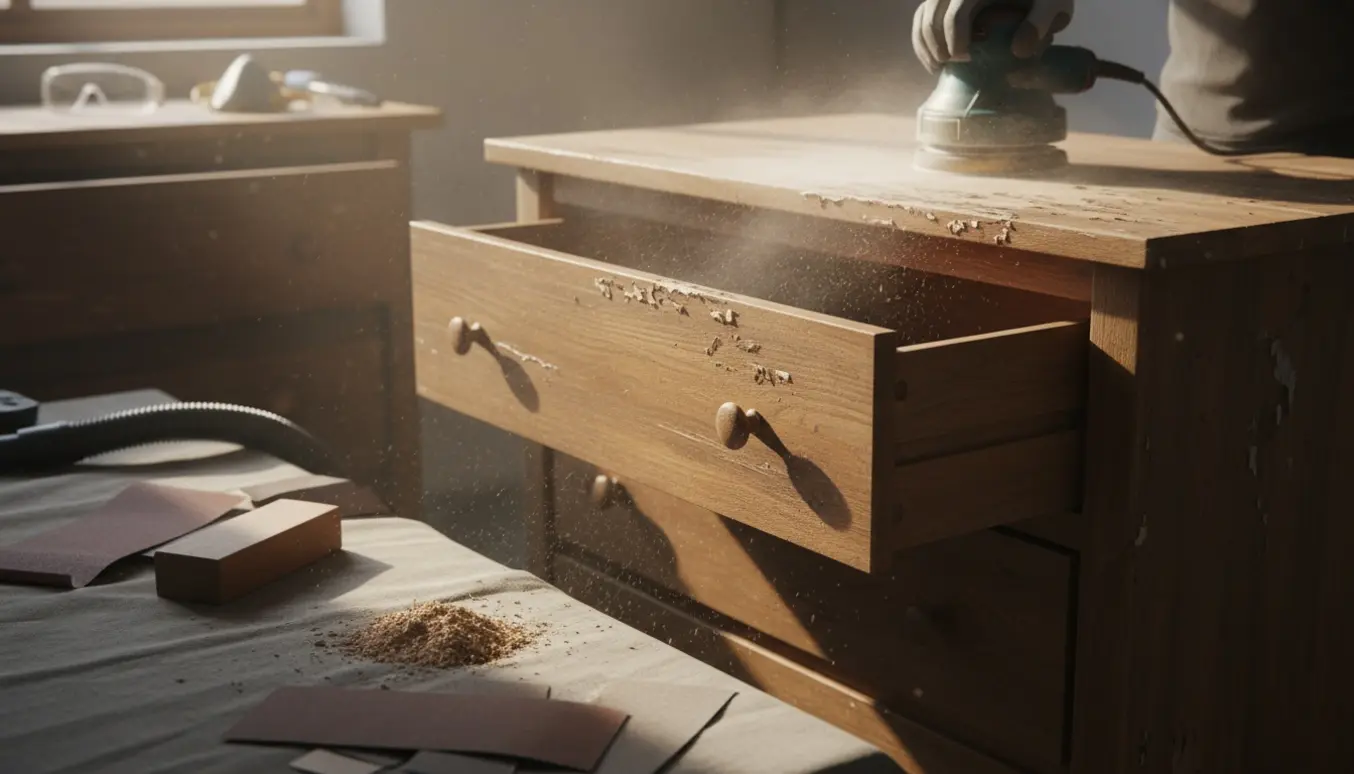 Kommode under slibning, hvor den varme fyrretræsstruktur træder frem.