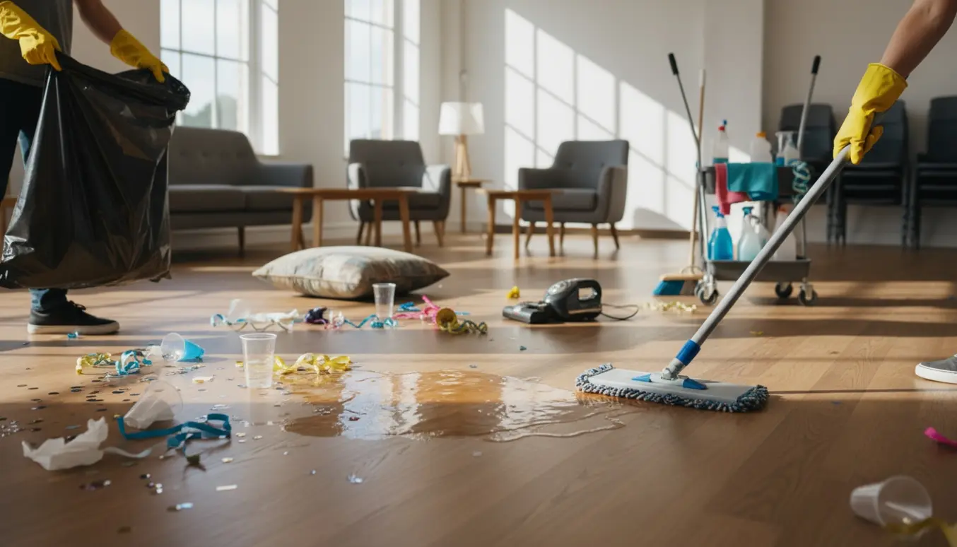 Efter en fest ryddes et fælleslokale op med skraldeposer, moppe og stabler af stole i blødt vindueslys.