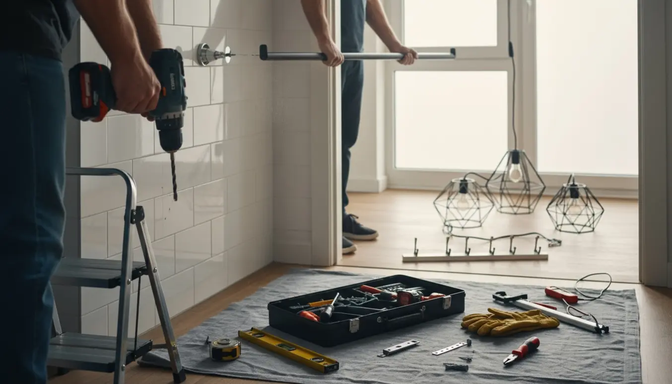 Håndværker monterer brusestang og loftslamper i hjemmet med boremaskine og værktøj på plads.