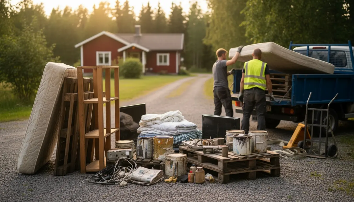 Blandet affald med møbler, malerbøtter, elektronik og paller ved en sommerhusindkørsel klar til afhentning.