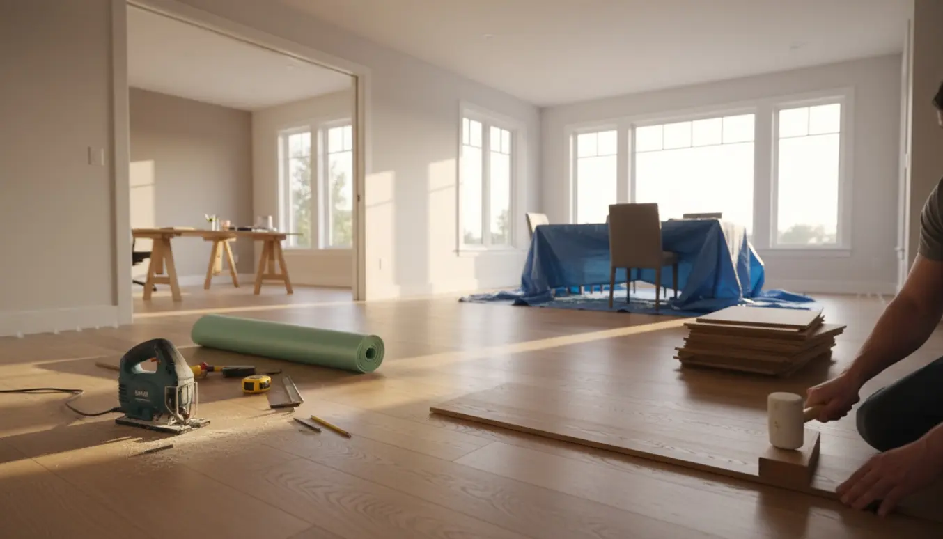 Nye egeplanker lægges i en lys spisestue med kig ind til et mindre kontor, værktøj og materialer ligger klar.