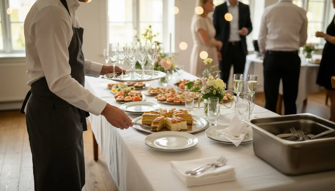 Tjener anretter mad og serverer drikkevarer ved et hvidduget bord til en konfirmationsfest.